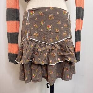 Y2K Brown Floral Tiered Mini Skirt Cottagecore Romantic Indie Fairy M